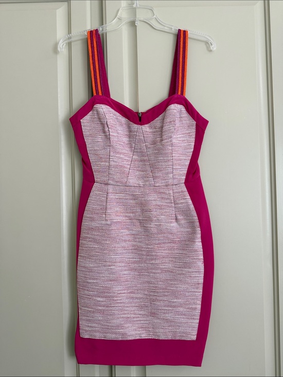Madison Marcus Dresses & Skirts - Madison Marcus Small Fuchsia Sheath Dress with Pink Tweed Panel & Striped Straps